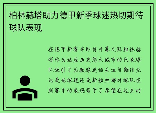 柏林赫塔助力德甲新季球迷热切期待球队表现
