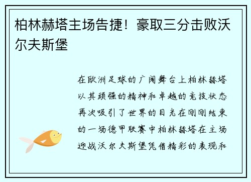 柏林赫塔主场告捷！豪取三分击败沃尔夫斯堡